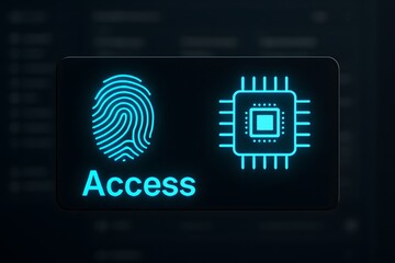 Cyberbank security illustration with a biometric fingerprint scanner and glowing processor chip, representing secure digital access, authentication, and futuristic banking technology.