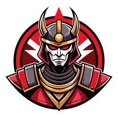 Retro Samurai Warrior in Armor with Red Visor and Neon-Shadow Badge Composition