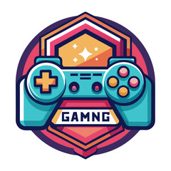 Retro Gaming Badge with Controller, Cartridge, Pixel Art Style, and Cheerful Colors