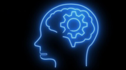 human brain head icon and gear icon with neon effect - Powered by Adobe