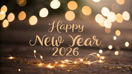 Golden script happy new year 2026 with bokeh lights and glitter full hd 4k stock image download