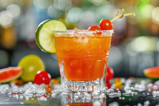 Tomato Margarita with Fresh Tomato Puree, Tequila, Triple Sec, Lime Juice and Agave Syrup in Salt-Rimmed Glass
