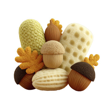 A textured assortment of realistic 3D rendered autumn themed objects including acorns corn and oak leaves