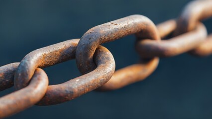 Fototapeta premium Rustic weathered chain closeup on a dark blue background with intertwined links and visible signs of wear, shot from above.