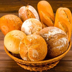 Assorted breads in a wicker basket on a wooden table