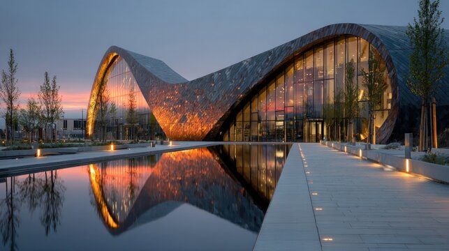 Futuristic building with sweeping metallic curves reflecting sunlight in a modern cityscape