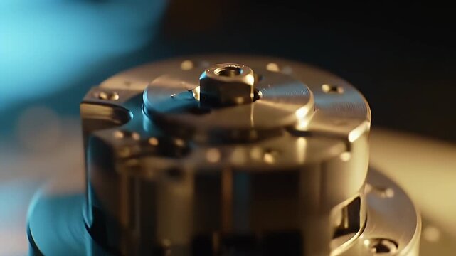 Detailed Close Up of a Reflective Metallic Cylinder with Hexagonal Nut in Blue and Gold Lighting Showcasing Industrial Precision and Intricate Engineering for Technological Innovation