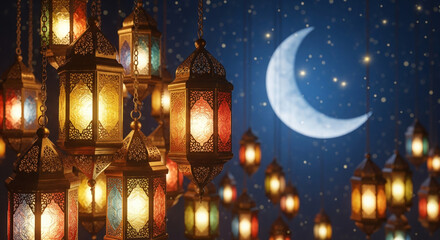 Glowing Ramadan Lanterns with Crescent Moon and Stars