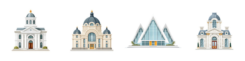 Architectural Illustration of Buildings Set on White Background