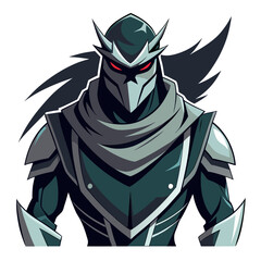Stealth Warrior in Angular Armor with Flowing Scarf and High-Contrast Styling