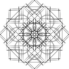Abstract black and white mandala line art in graphic style designed for screen printing on fabric, mugs or tattoos.