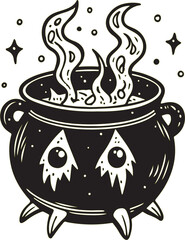 Golden treasure pot or cauldron with a fire and a rainbow, isolated on a white background, vector cartoon illustration