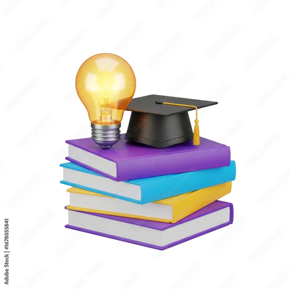 Poster 3d icon of stack of books with graduation cap and light bulb isolated on transparent background