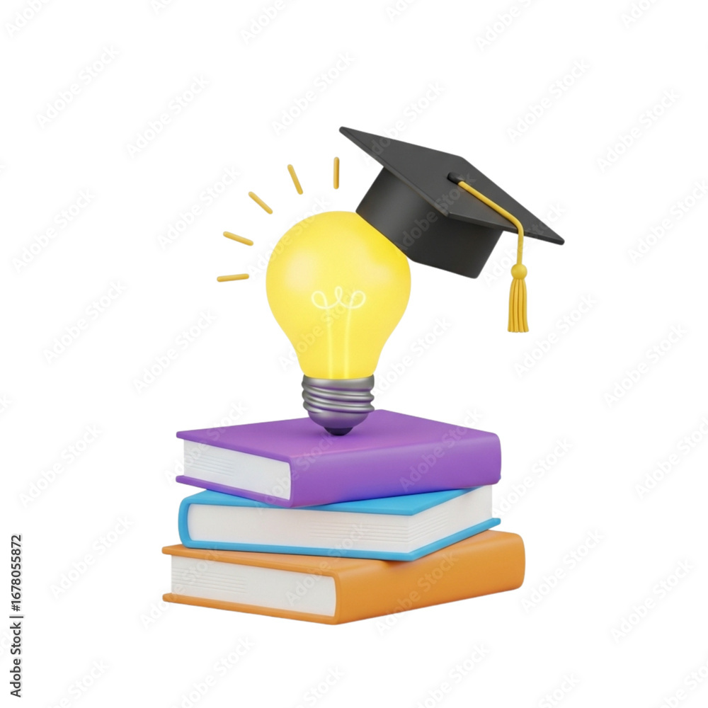 Poster 3d icon of stack of books with lightbulb and graduation cap isolated on transparent background