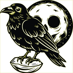 A cartoon animal vector illustration of a wild the crow possibly a hawk or eagle, perched on a tree branch with black wings and a prominent beak