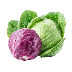 Fresh green and red cabbages with visible water droplets, isolated on transparent background