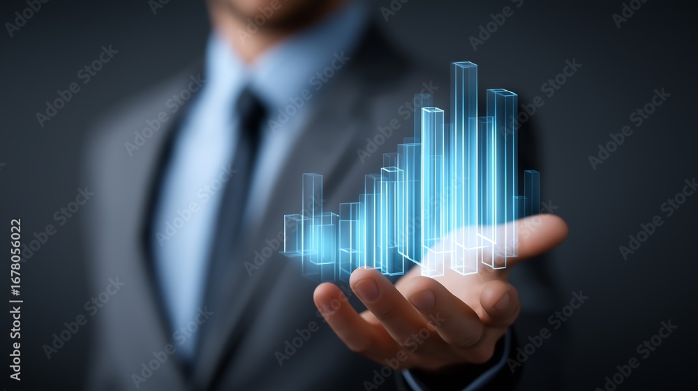Poster business executive giving a digital presentation with floating 3d graphs and charts