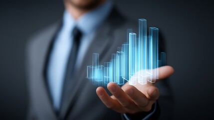 Business executive giving a digital presentation with floating 3D graphs and charts 