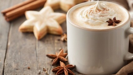 Closeup of a white mug with latte/cappuccino and whipped cream, surrounded by spices on a wooden table.
