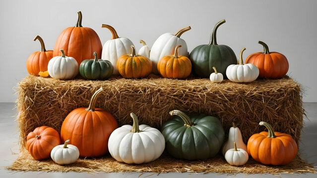 Autumn Pumpkin Collection on Straw Bales – Orange, White and Green Gourds for Harvest and Thanksgiving Decor