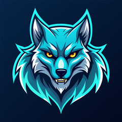 Fierce Cyan Wolf Mascot with Glowing Eyes and Sharp Fur on Dark Background