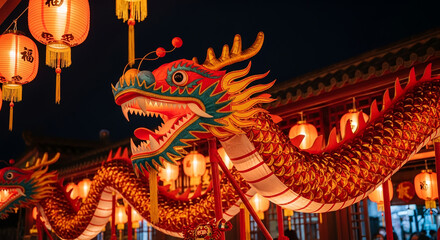 Chinese New Year Dragon with Red and Gold Lanterns