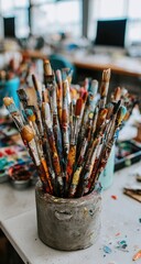 Fototapeta premium Paintbrushes stand upright in a textured container; a colorful, artistic mess