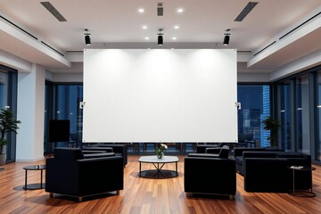 Modern minimalist conference room with large projector screen and comfortable seating