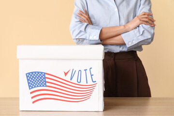 Voting woman near ballot box with USA flag on beige background