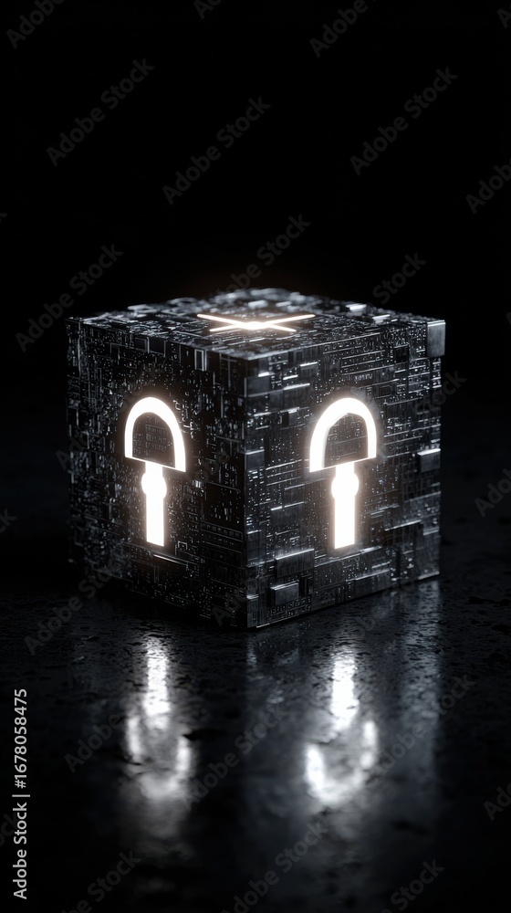 Aufkleber abstract digital security cube with glowing lock symbol on dark background for technology themes
