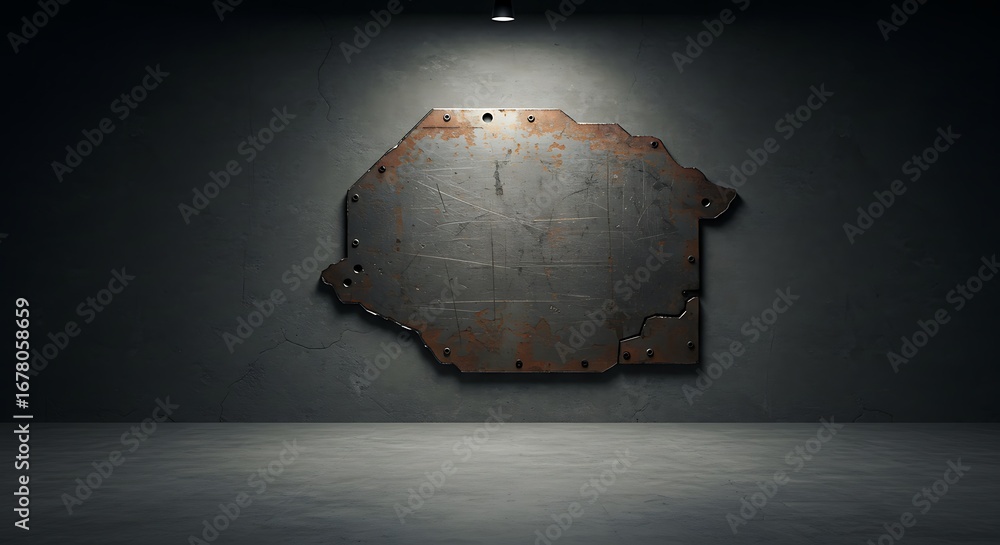 Poster empty square room with metal texture fragment with scratches and cracks on the wall