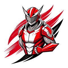 Sleek Red and White Futuristic Knight with Robotic Helmet and Energy Trails for Speed-Themed Vector Logo