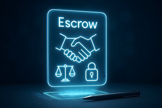Digital escrow and legal agreement illustration with a handshake icon, scale of justice, and lock for secure business transactions and financial contracts.