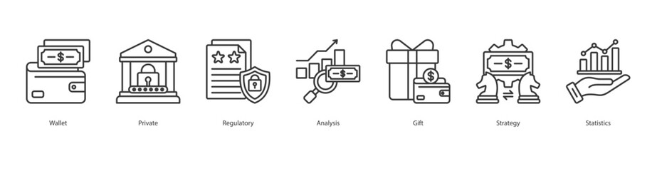 Financial Strategy banner web icon set vector illustration concept with icon of wallet, private, regulatory, analysis, gift, strategy, statistics