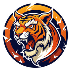 Roaring Tiger Breaking Through Circular Frame with Layered Colors and Scratch Textures