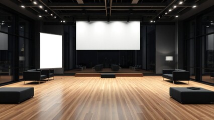 Modern black and white auditorium with stage and seating