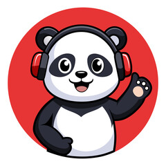 Obraz premium Cartoon Panda with Raised Paw and Headphones on Soft Red Background for Youth Esports Logo
