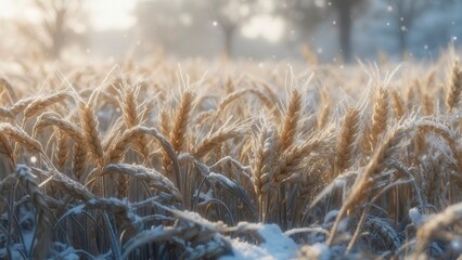 Fototapeta premium Frosty wheat field with sunlight shining through snowflakes