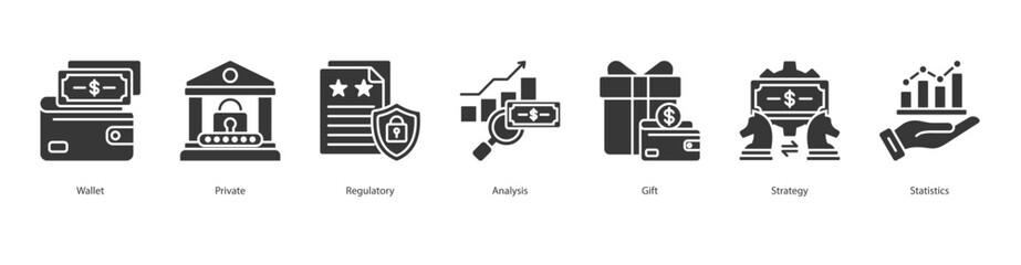 Financial Strategy banner web icon set vector illustration concept with icon of wallet, private, regulatory, analysis, gift, strategy, statistics