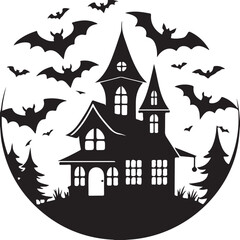 A spooky haunted house silhouette against a full moon on a dark autumn night with bats flying around
