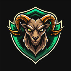 Fierce Ram Mascot with Exaggerated Horns in Dark Shield Esports Crest