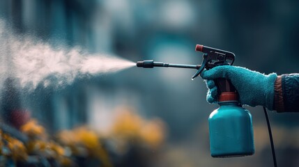 Hand Holding Spray Bottle with Blue Liquid for Gardening and Cleaning Purposes Outdoors