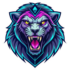 Aggressive Lion with Tribal Markings, Neon Edge, and Open Jaw