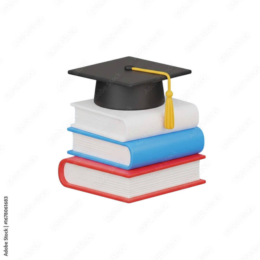 Poster 3d icon of graduation cap on stack of books isolated on transparent background