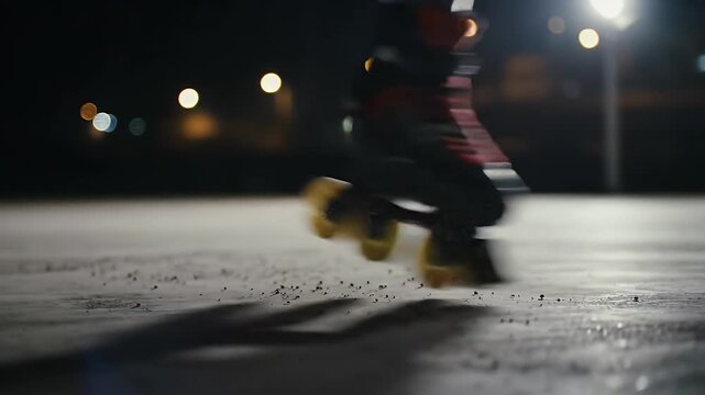 Dynamic Low Angle Shot of Inline Skating at Night Featuring Motion Blur Under Street Lights on Wet Concrete and Blurry Background Offers Nighttime Activity and Urban Adventure