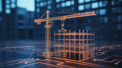 Digital Construction: Wireframe Building Model with Crane, Futuristic Cityscape Background