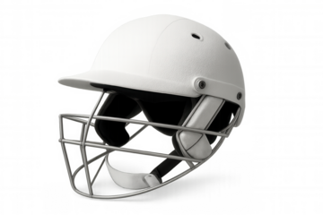 Cricket helmet providing head protection with a metal grille, ear and chin protection, isolated on a transparent background