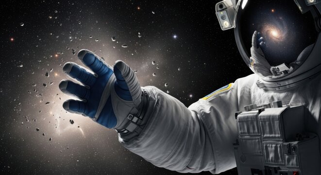 Astronaut reaching out in deep space with galaxy reflection in helmet stars nebula