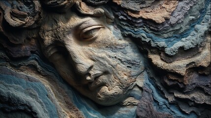 mythical figure carved through geological layers, each stratum a different texture and color, high detail 