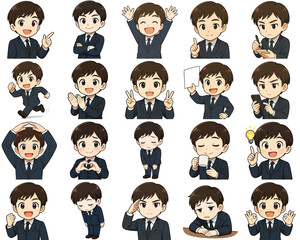 スーツ姿の男性キャラクターセット（アニメ風・ビジネスポーズ・表情アイコン素材）